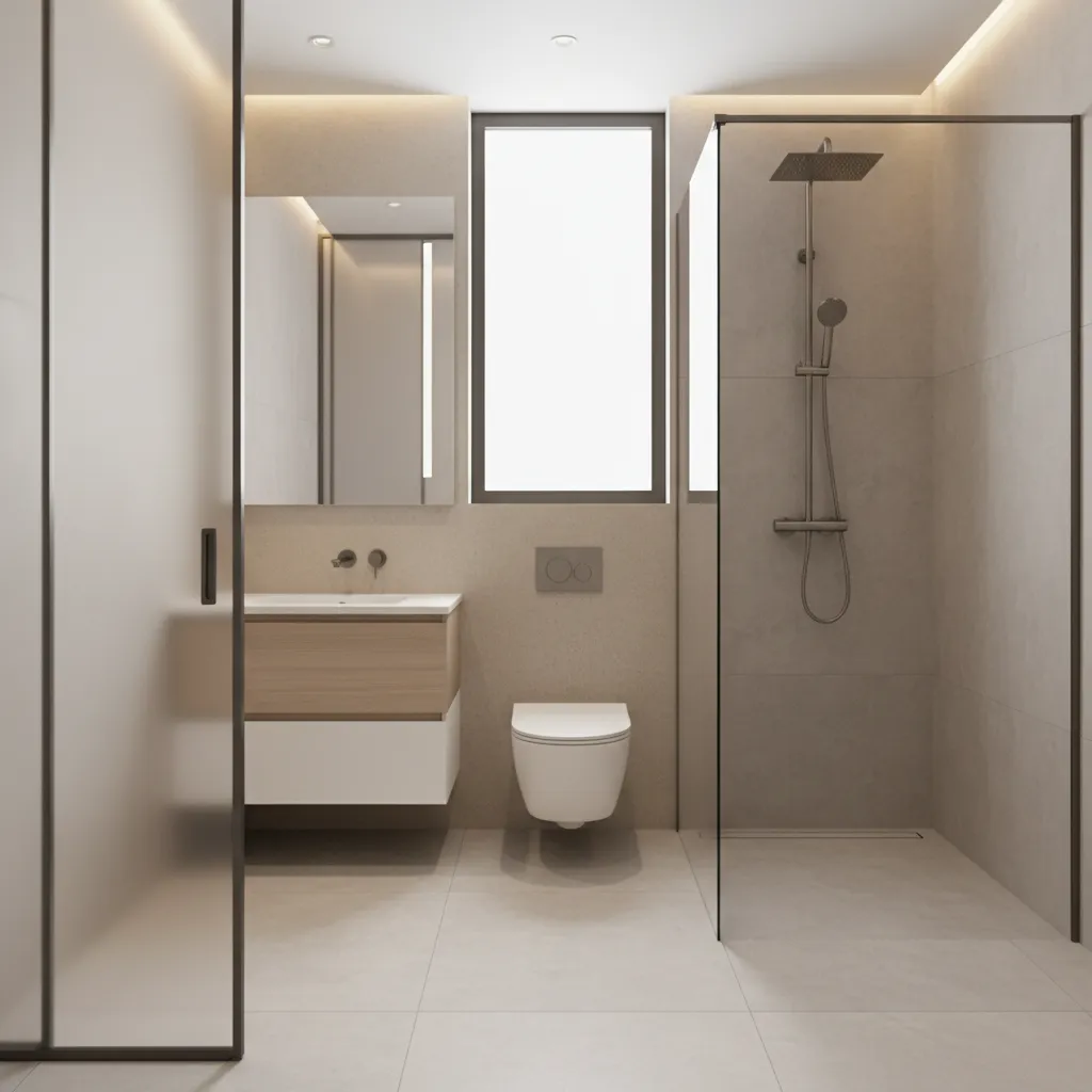 Small bathroom with sliding door improving floor space and layout flow