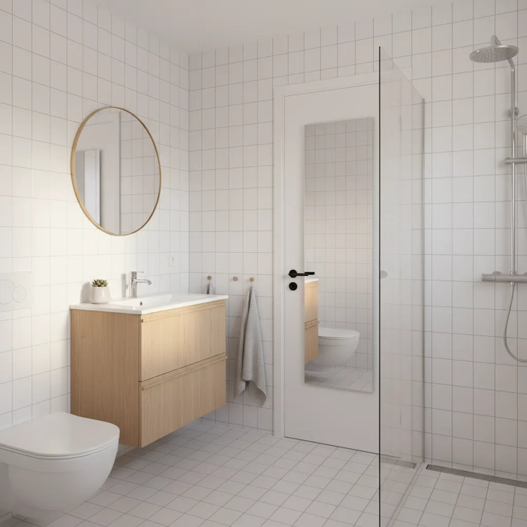 Small bathroom with full length mirror installed on the door