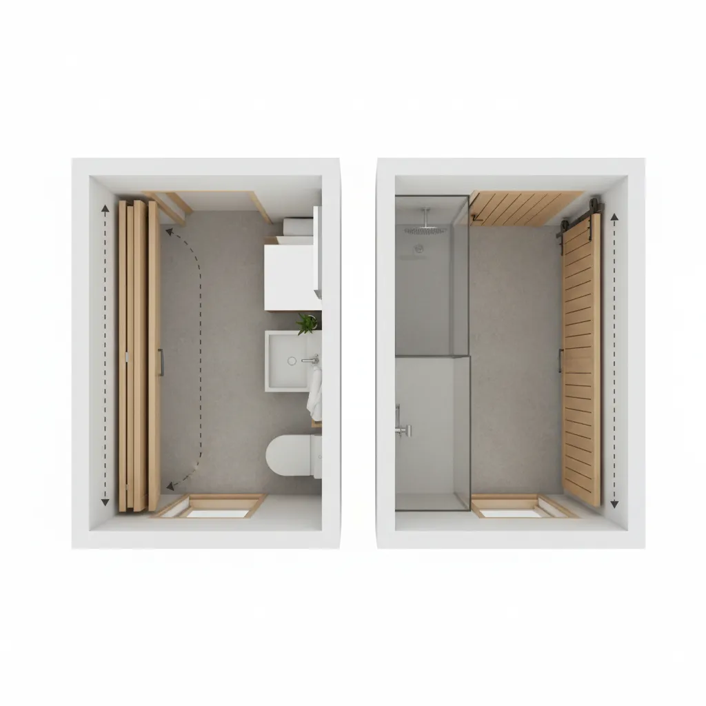 diagram style comparison showing space usage of bifold barn door versus sliding barn door