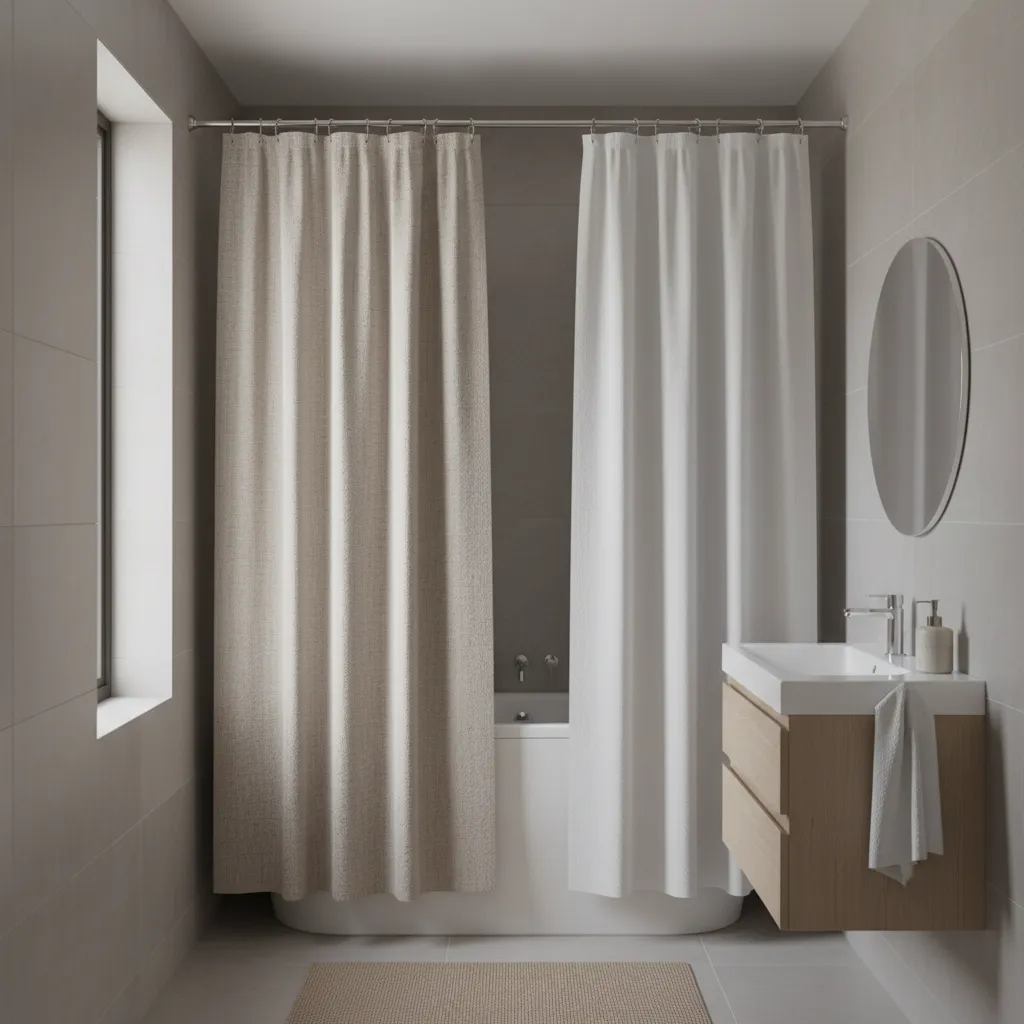 Compact bathroom with light fabric double shower curtains and minimal decor