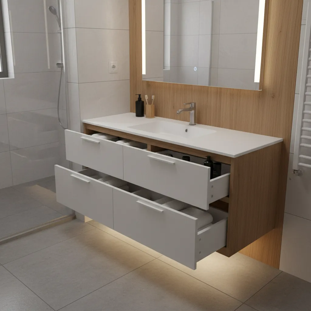 Compact floating bathroom vanity with drawers providing storage in small bathroom