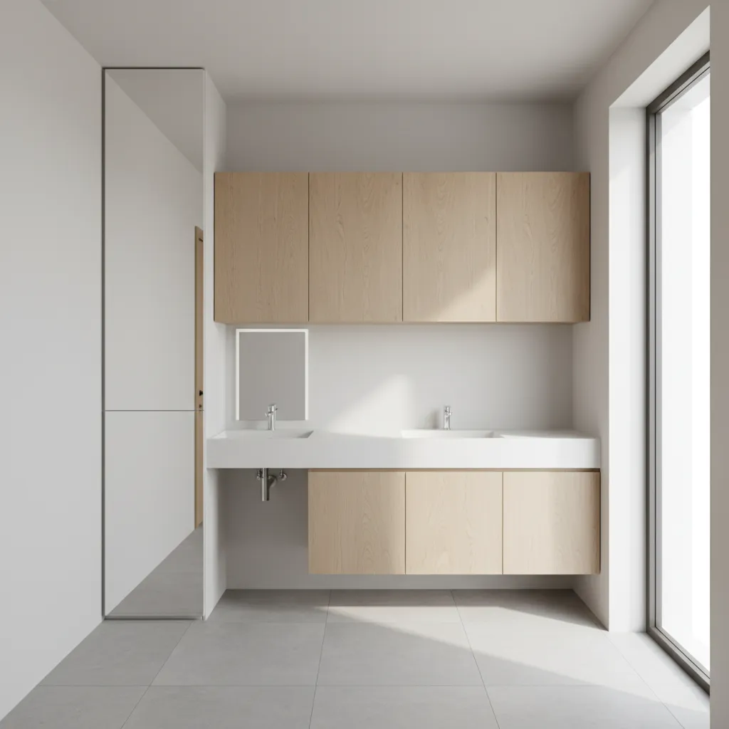 Compact bathroom dressing storage with mirrored cabinet and vertical organization