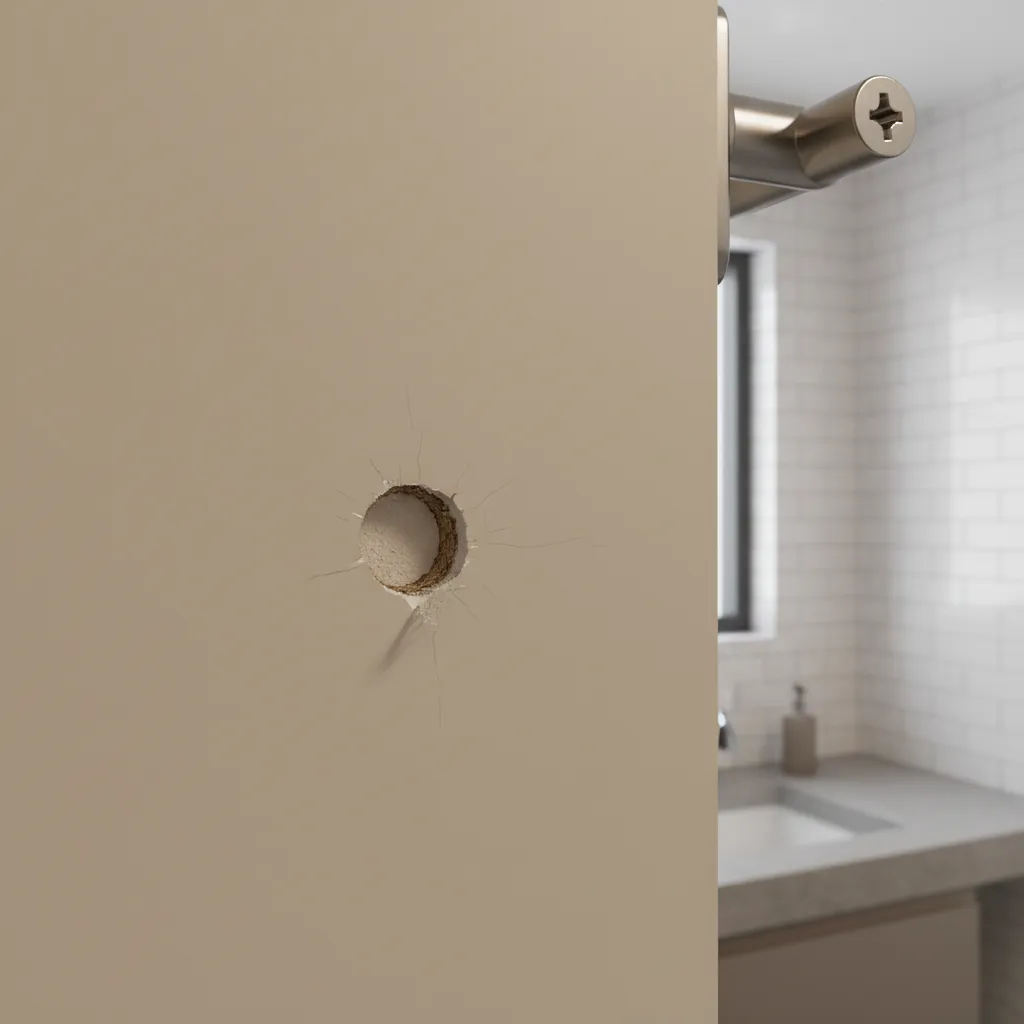 small hole in painted bathroom drywall near towel rack