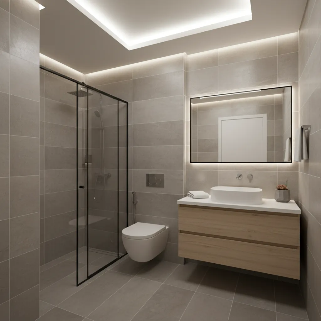 Compact modern bathroom with recessed false ceiling lighting
