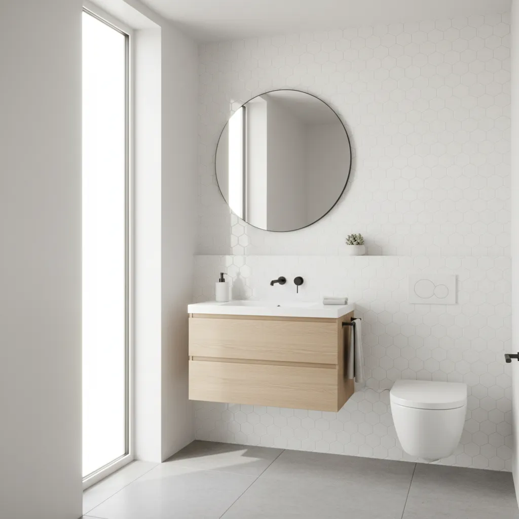 small bathroom with glossy white fish scale tile accent wall