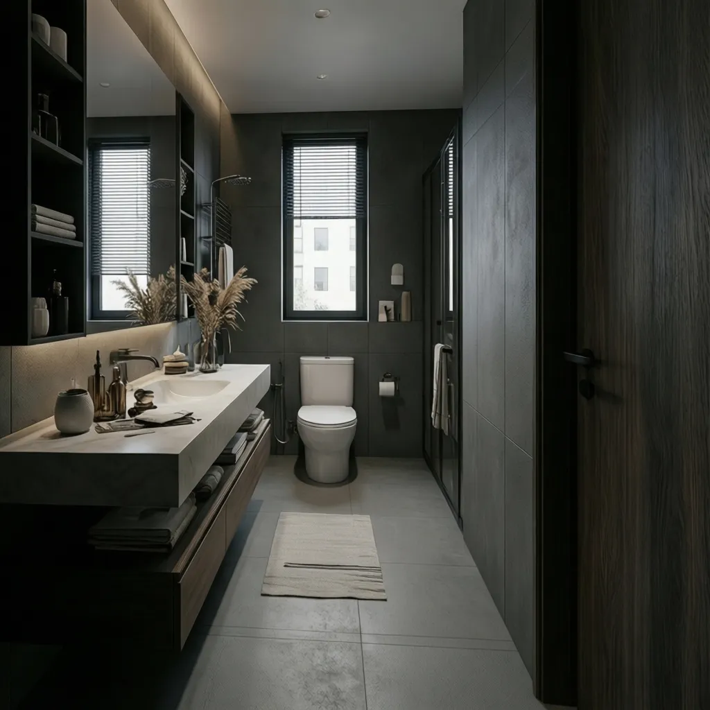 Example of proper spacing between vanity toilet and shower in narrow bathroom