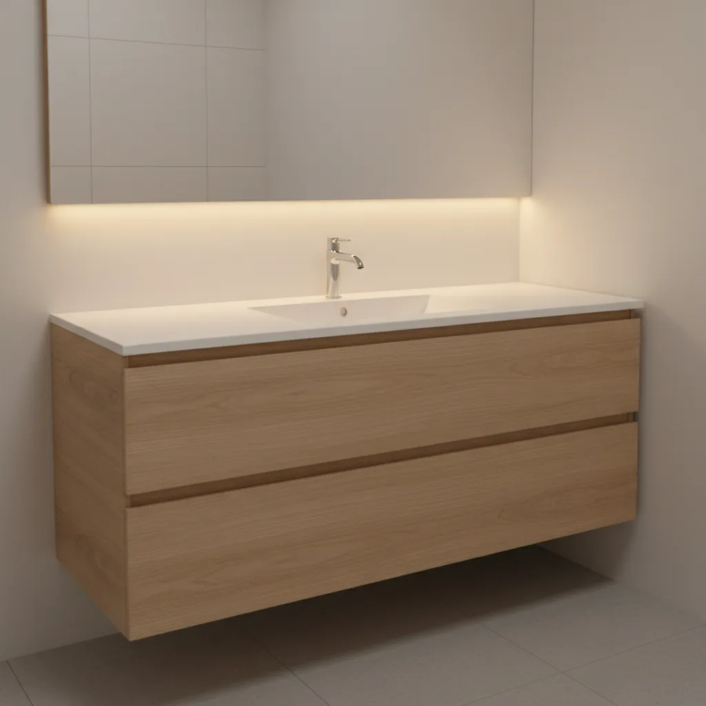 Floating vanity with drawers and open shelf in small bathroom