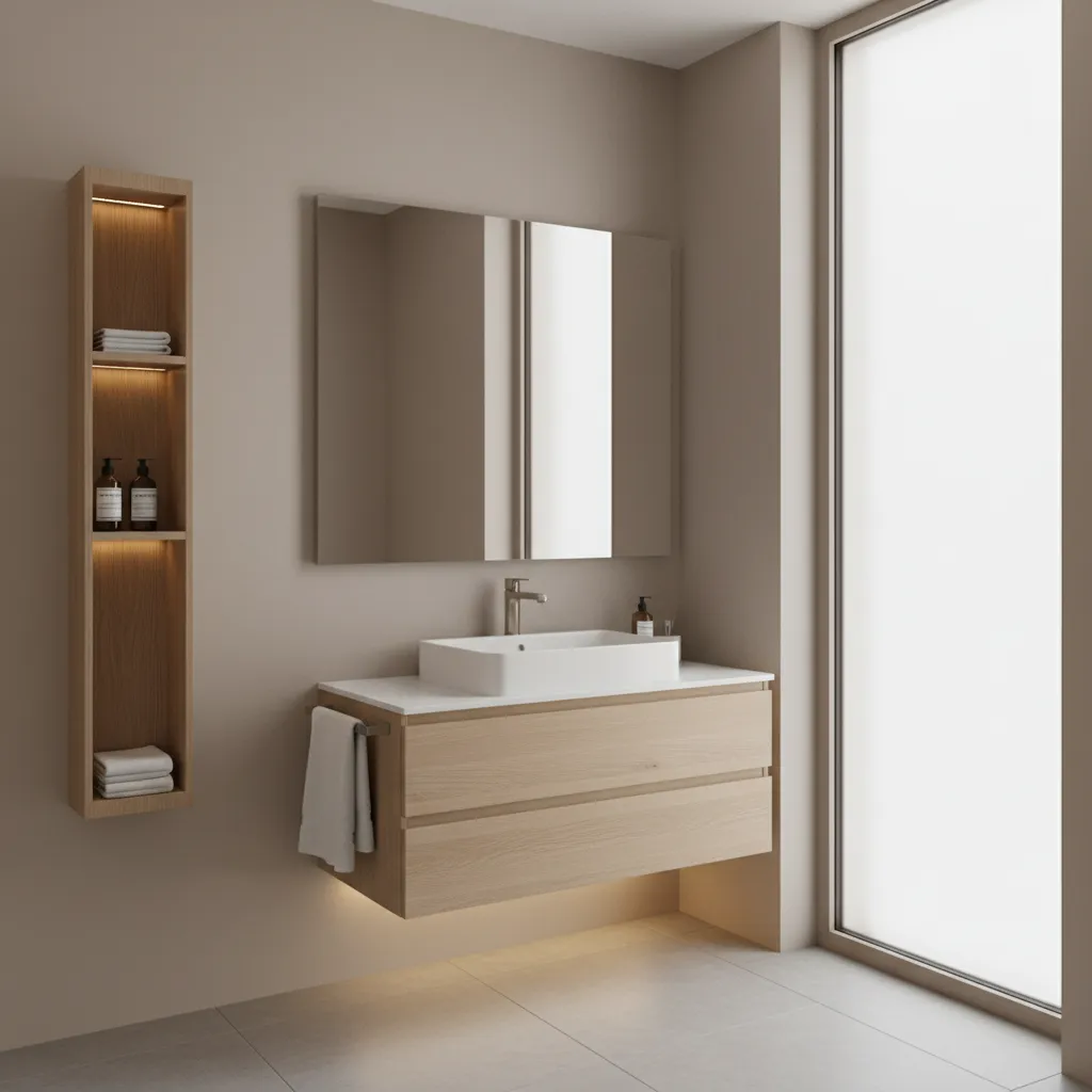 floating vanity with storage in a small latrine bathroom