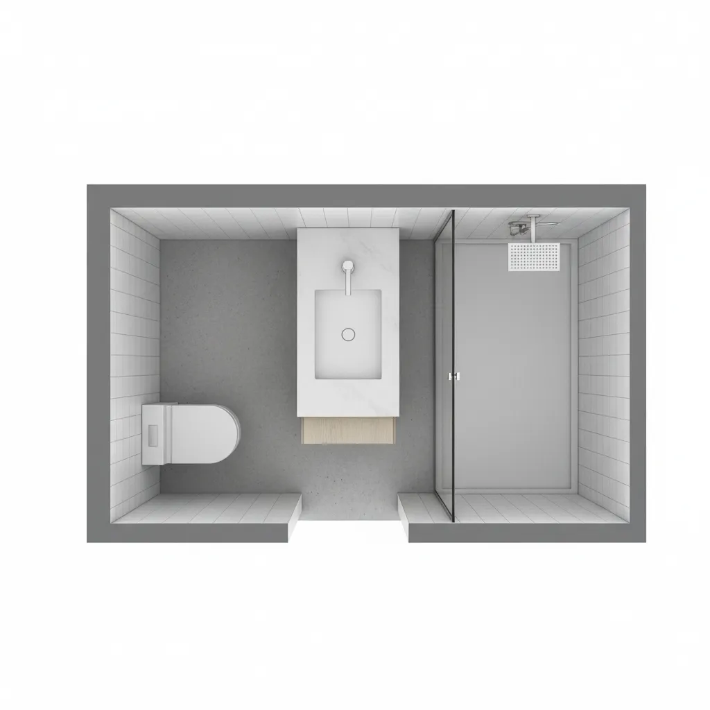 top view floor plan of a small bathroom showing efficient fixture placement