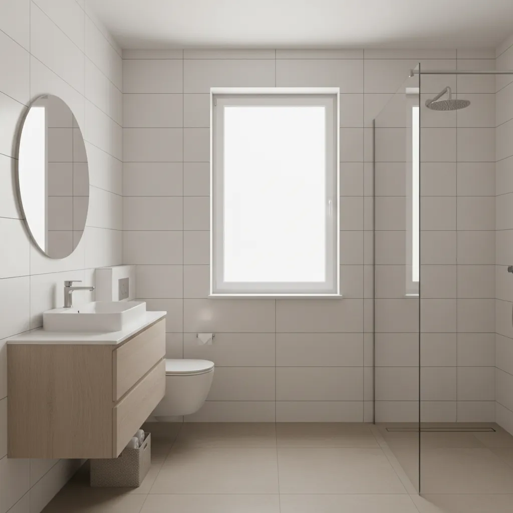 compact bathroom with frosted glass window allowing natural daylight