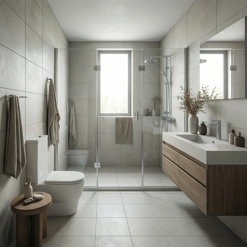 Small bathroom with full wall tiles creating a spacious look