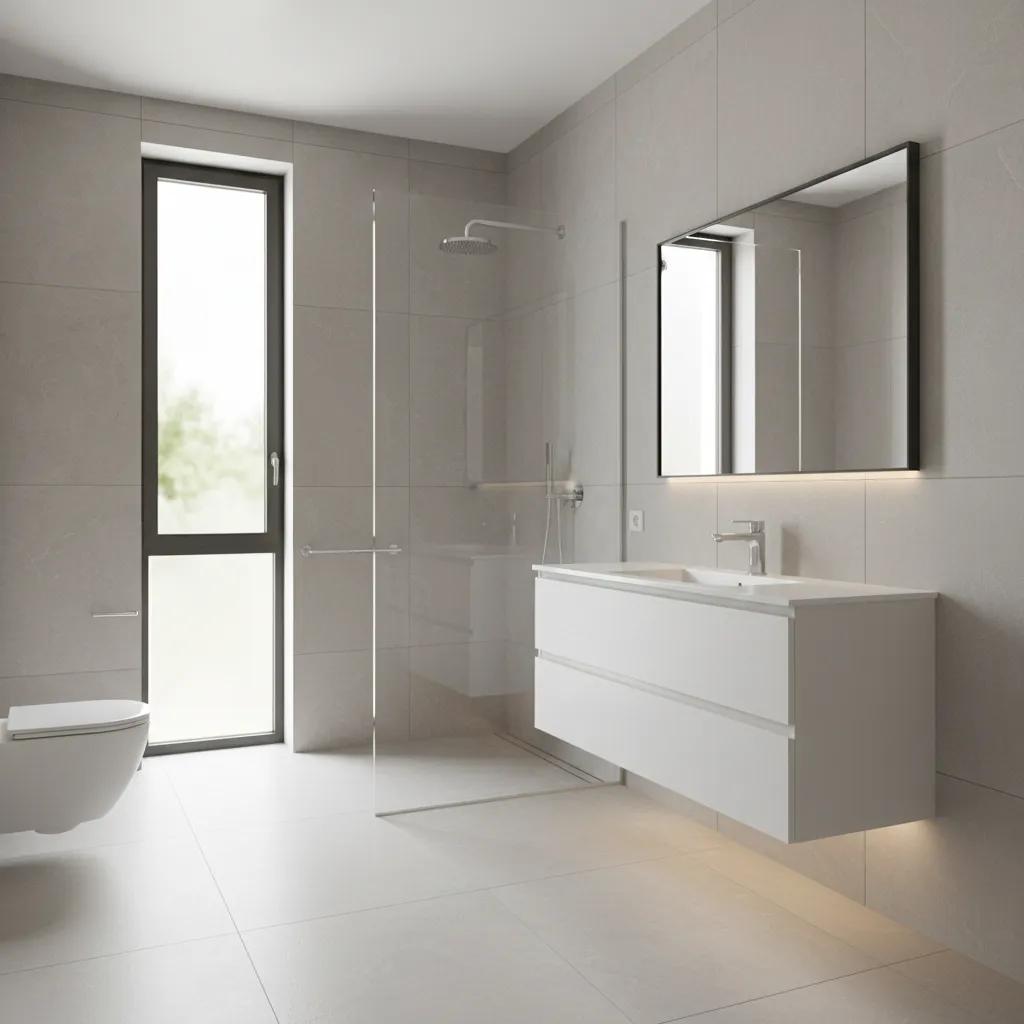 compact bathroom layout with frameless glass shower partition