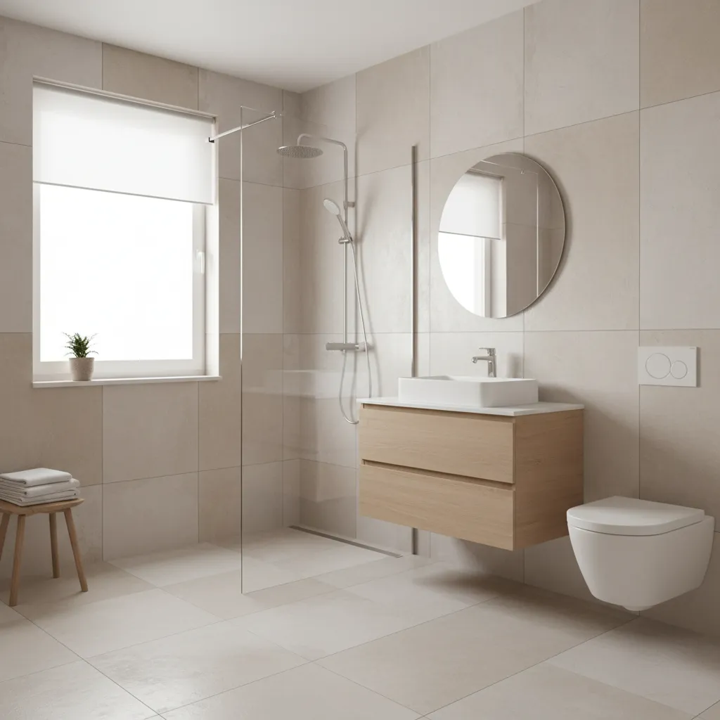 Compact bathroom with frameless glass shower partition