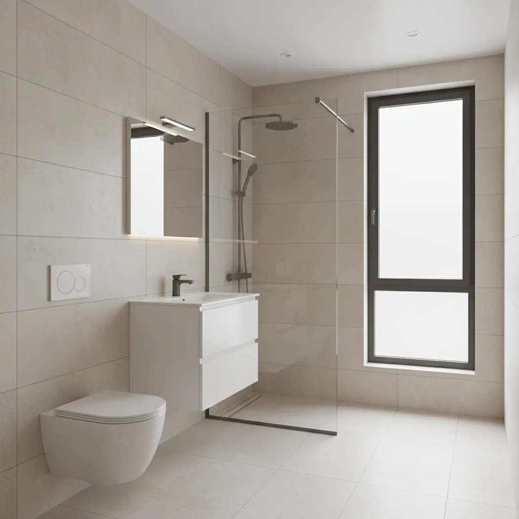 compact modern bathroom with clear glass shower partition