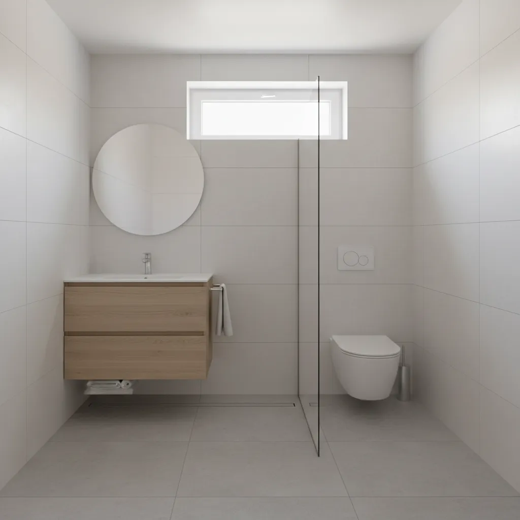 Small bathroom with glass shower screen and floating vanity