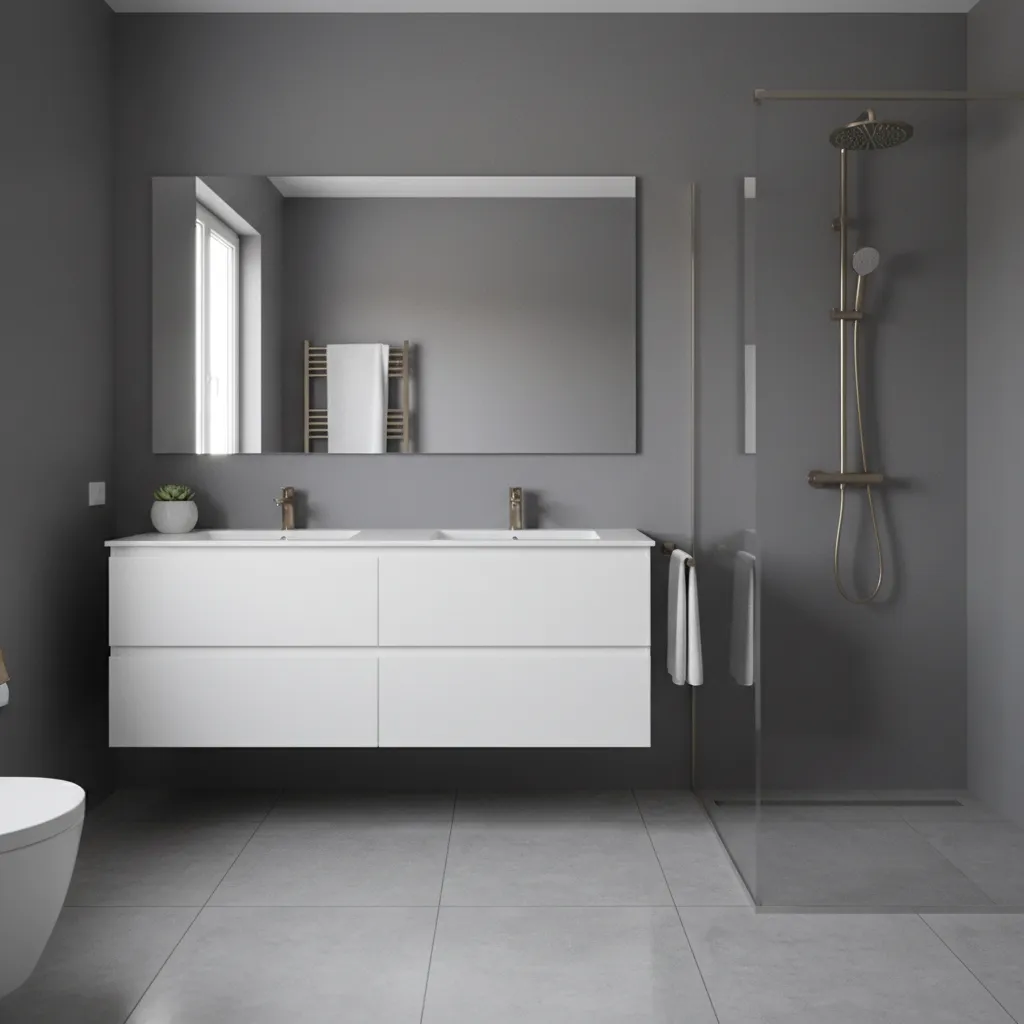 Small modern bathroom with soft gray wall paint and white vanity