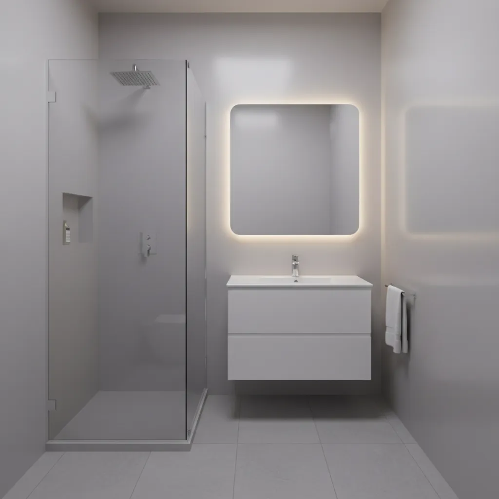 Small bathroom with light gray satin paint and compact vanity layout