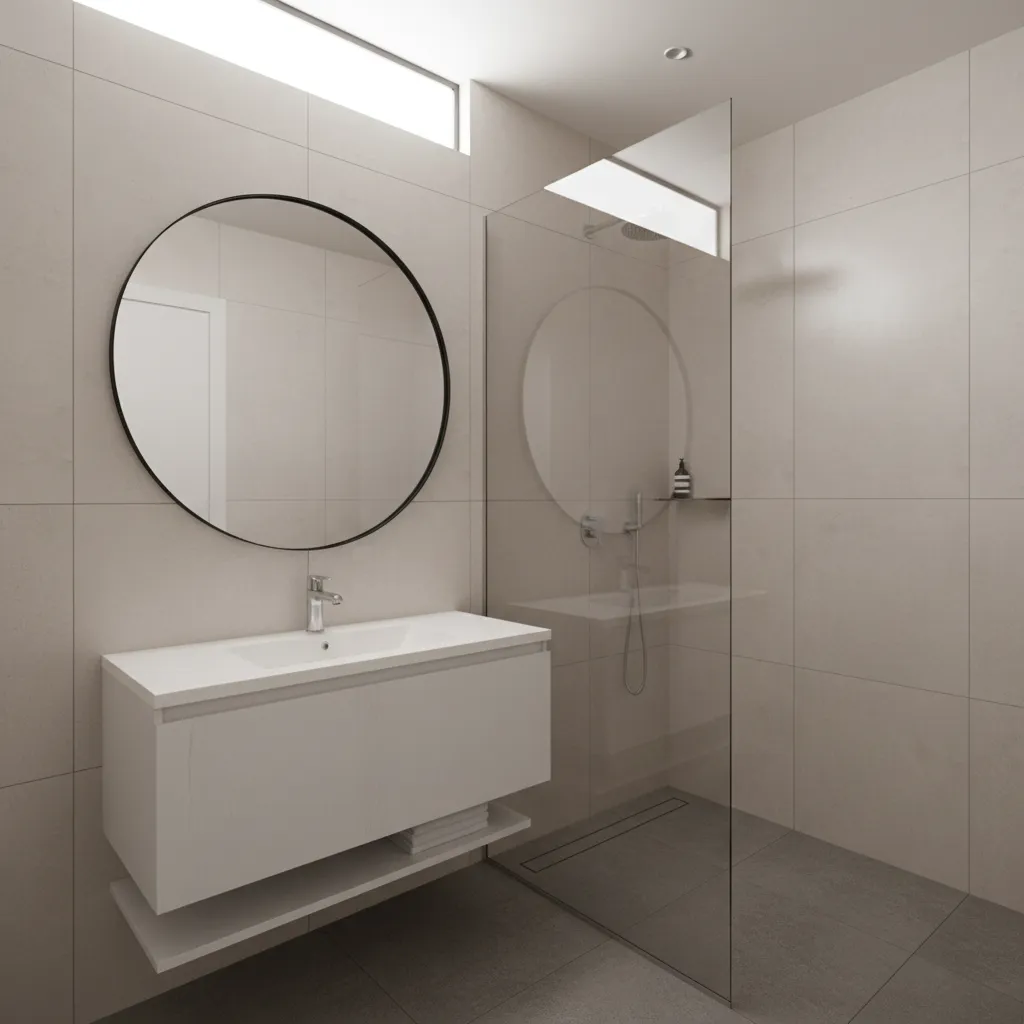 Minimalist bathroom featuring round mirror white floating cabinet glass shower screen and neutral wall tiles