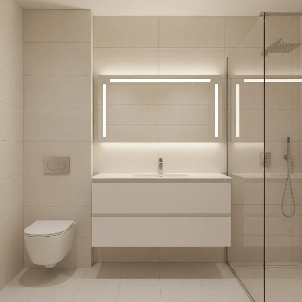 Small bathroom using large format waterproof tiles to reduce grout lines