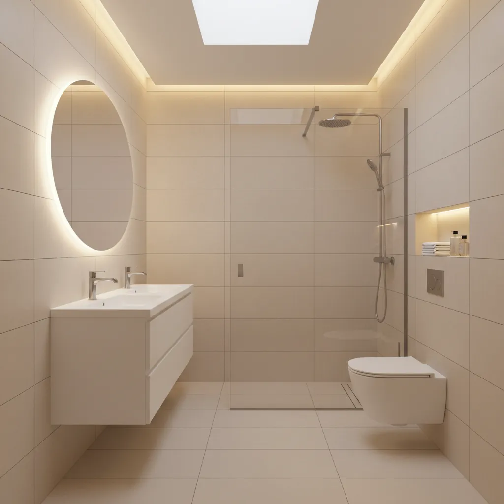 Compact bathroom using large wall and floor tiles to create a spacious feeling