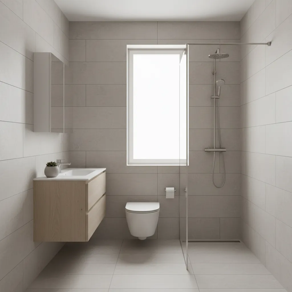 small bathroom using large format horizontal tiles to create spacious appearance