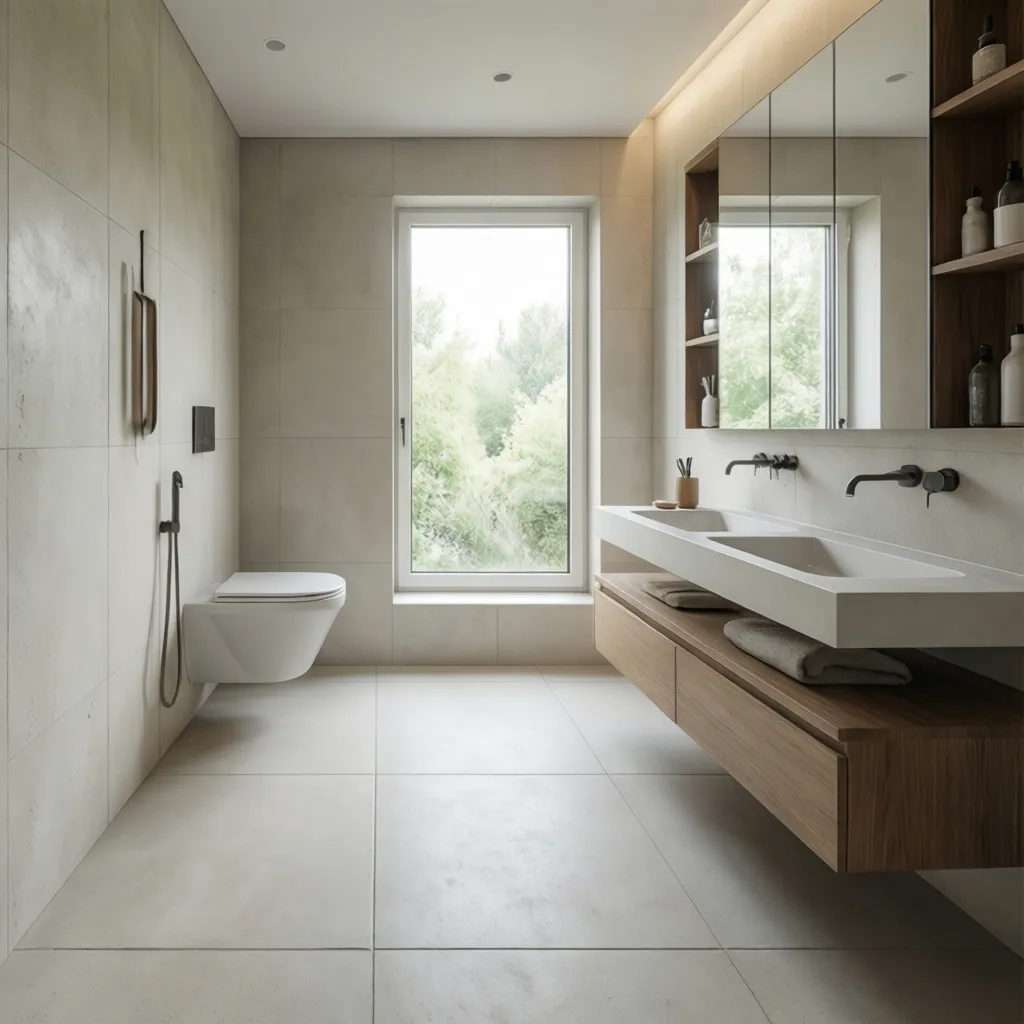 small bathroom using large format tiles to visually expand space