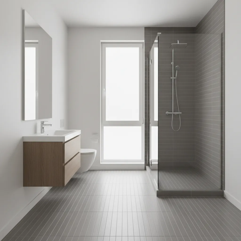 Small bathroom with large rectangular floor tiles installed lengthwise