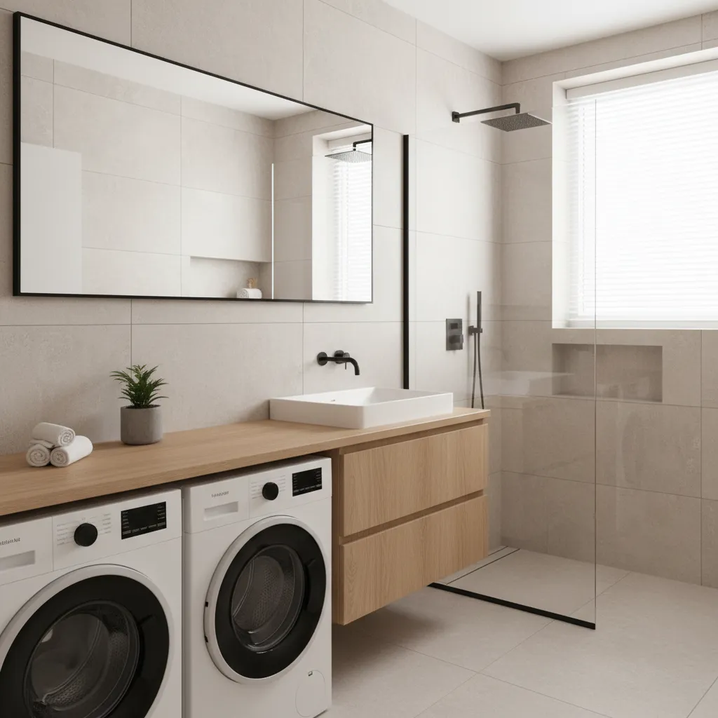 Small bathroom with integrated washer dryer and vanity layout