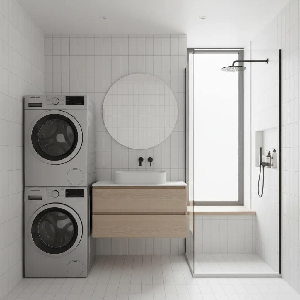 Compact bathroom laundry combo with stacked washer dryer and shower area
