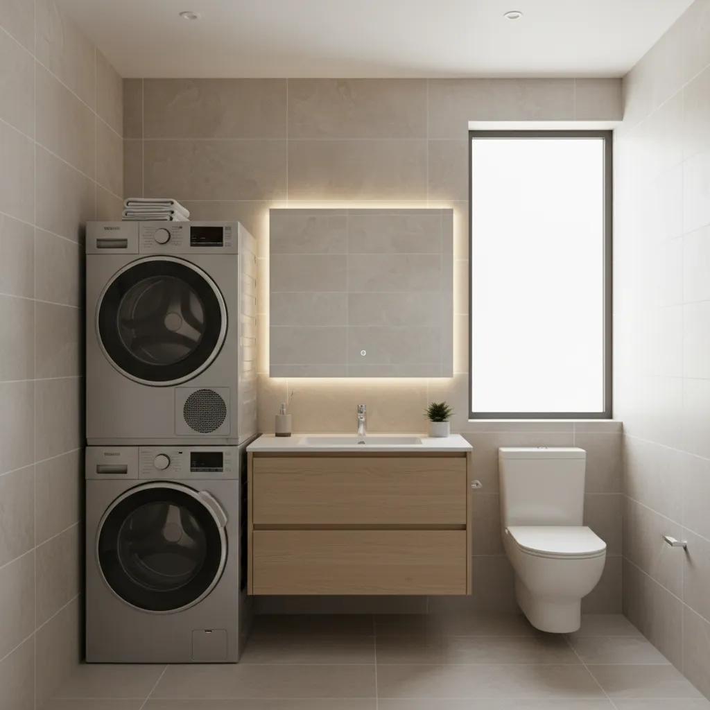 compact bathroom with stacked washer dryer next to vanity in modern apartment