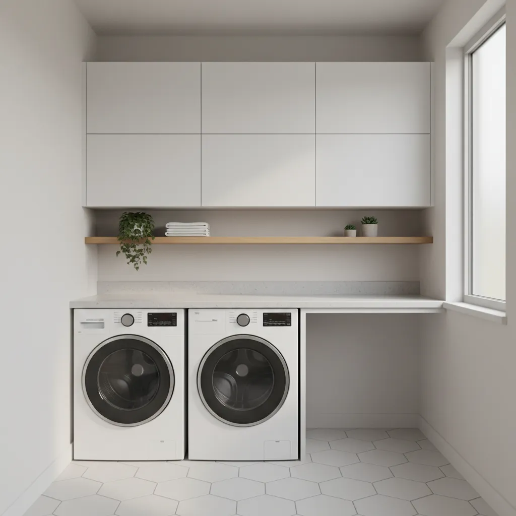 Small bathroom converted to laundry layout with washer dryer and cabinets