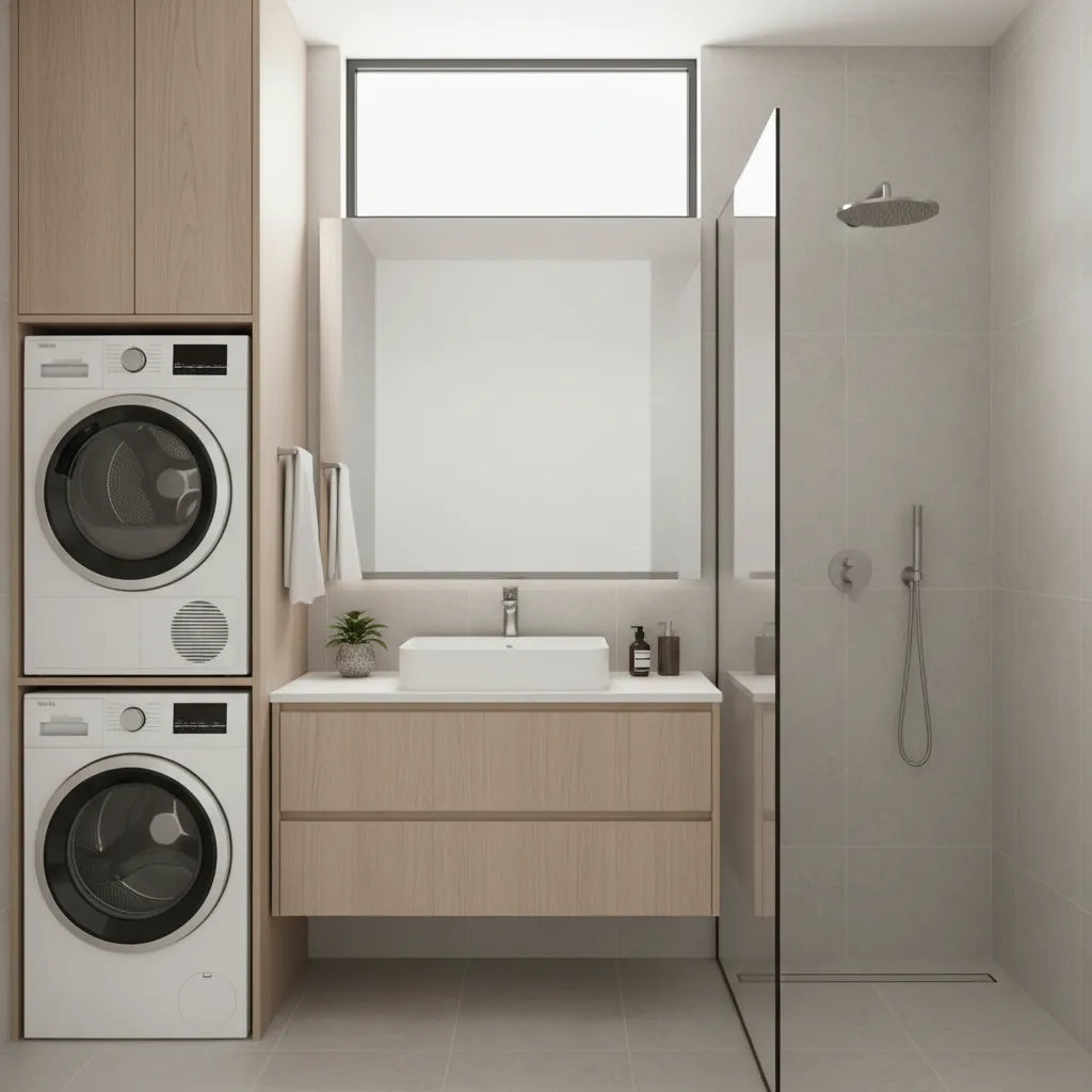 compact bathroom with integrated washer dryer and shower