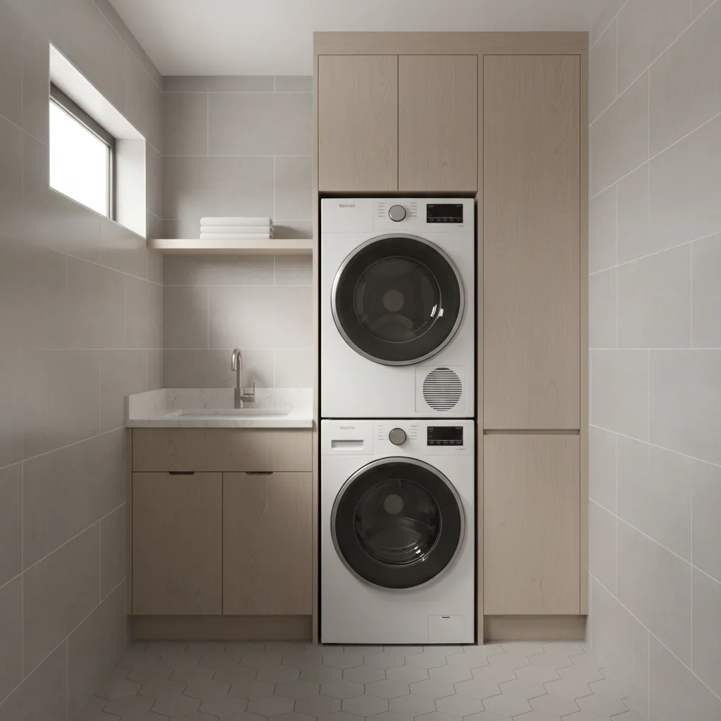 Small laundry area with stacked washer dryer wood cabinets white sink grey tiles and light