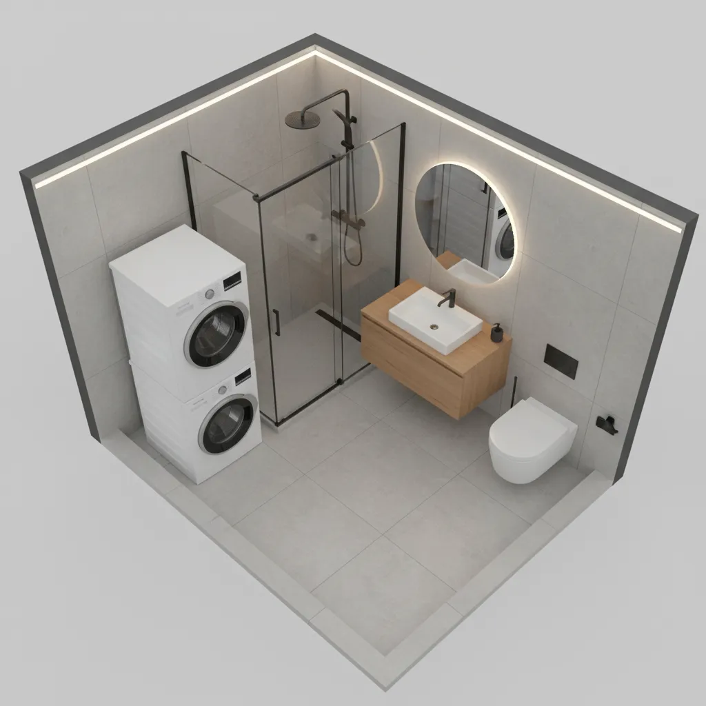 Interior design drawing of small bathroom with stacked washing machines glass shower sink and toilet