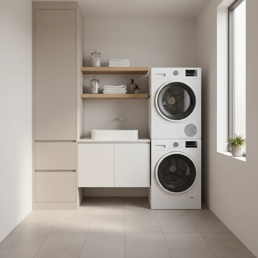 Stacked white washer and dryer next to a small sink cabinet with wooden wall shelves