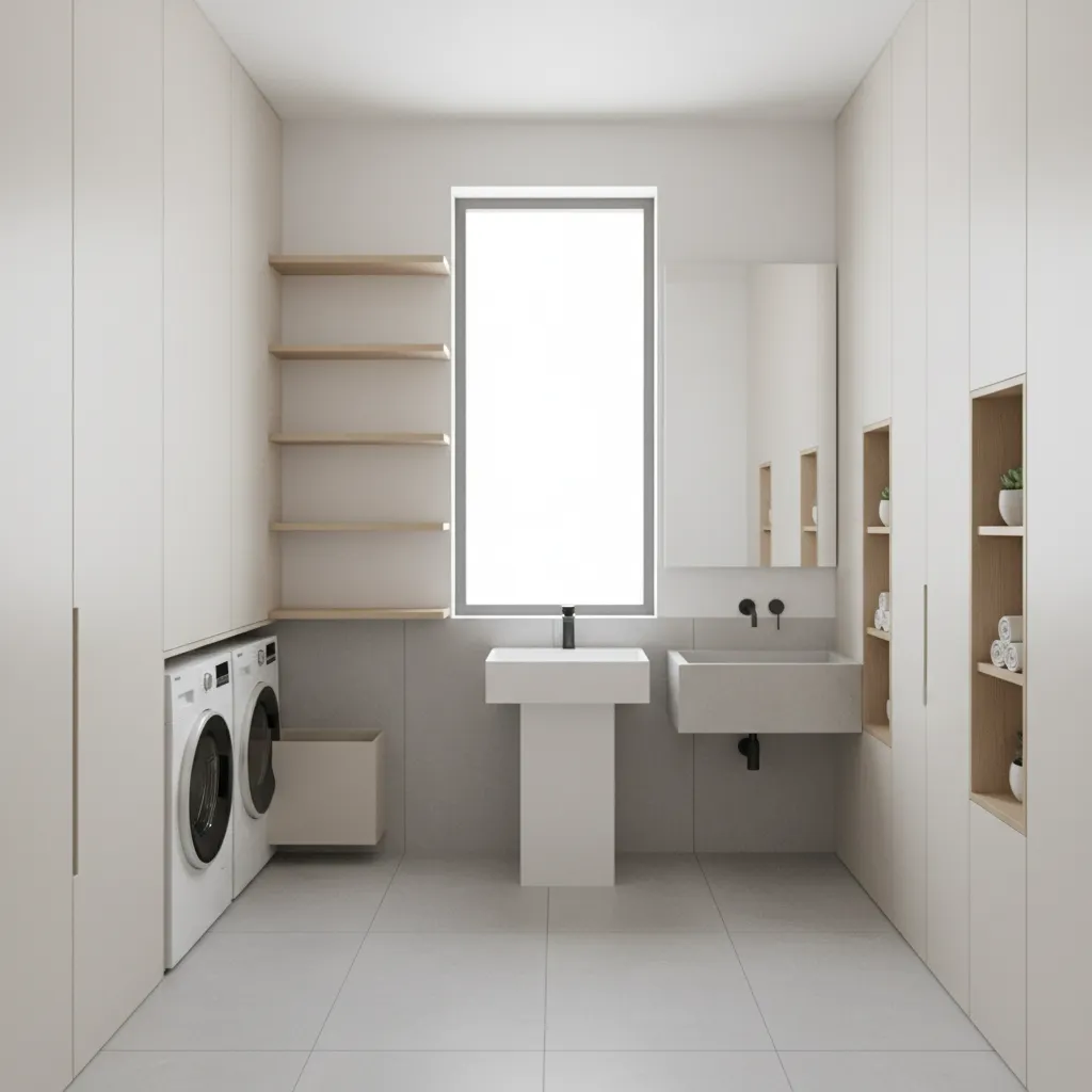 Small bathroom with laundry machines and vertical storage cabinets