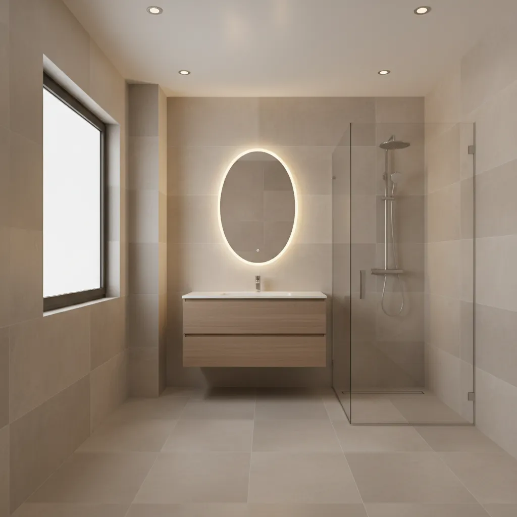 Small modern bathroom with layered lighting including ceiling lights and illuminated mirror