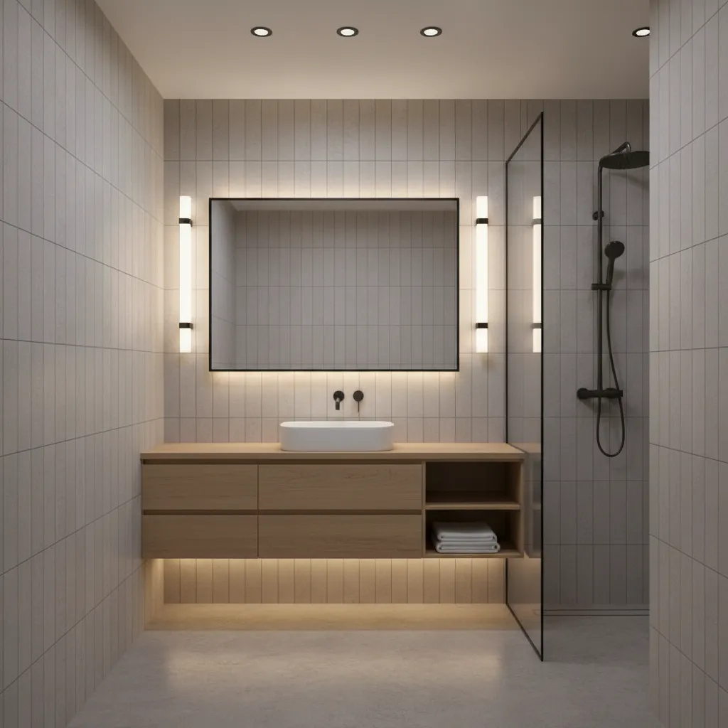 tiny bathroom with layered lighting including sconces recessed lights and LED vanity lighting