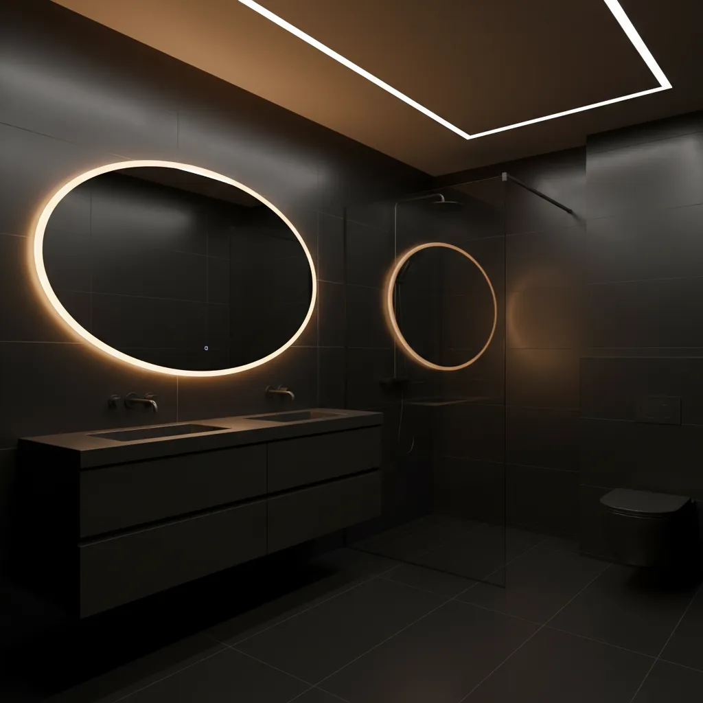 Small black bathroom with layered lighting and backlit mirror