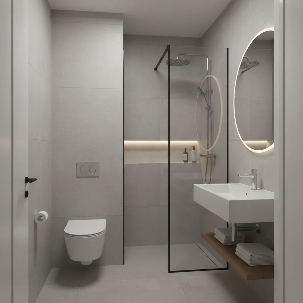 Thiết kế nhà tắm nhỏ 3m2 với lavabo bồn cầu và khu tắm đứng