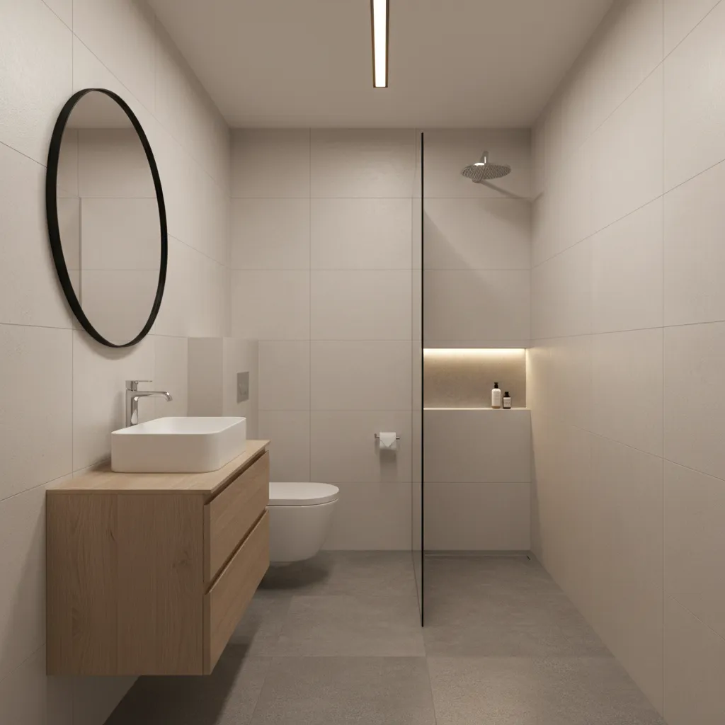 Interior design drawing of small bathroom with wooden cabinet white sink toilet and glass shower