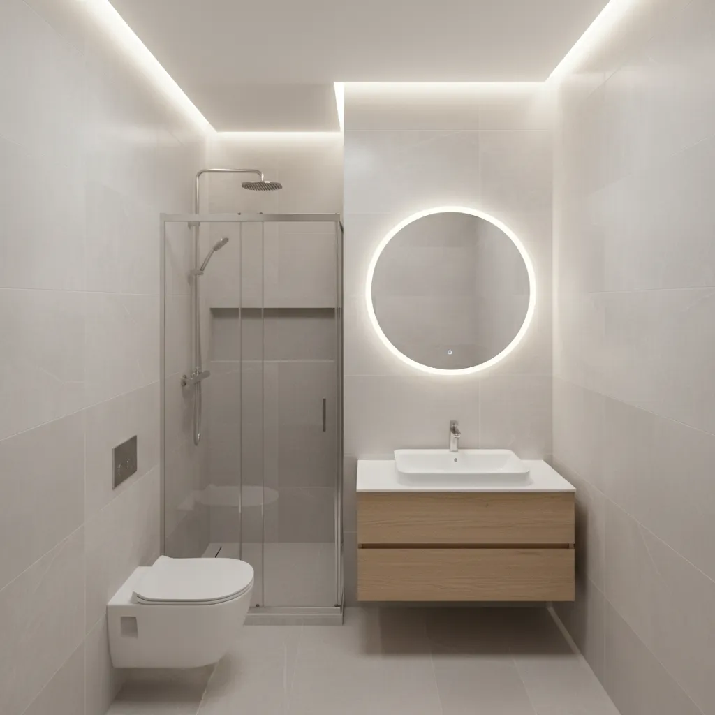 Compact bathroom layout with sink toilet and shower aligned efficiently