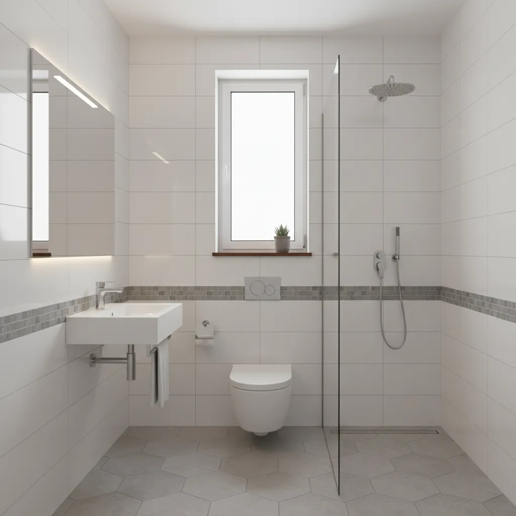 Small white bathroom layout featuring open shower wall toilet sink window and grey floor tiles