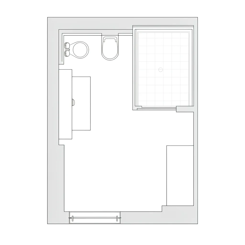 Top view layout plan of a small apartment bathroom showing optimized circulation
