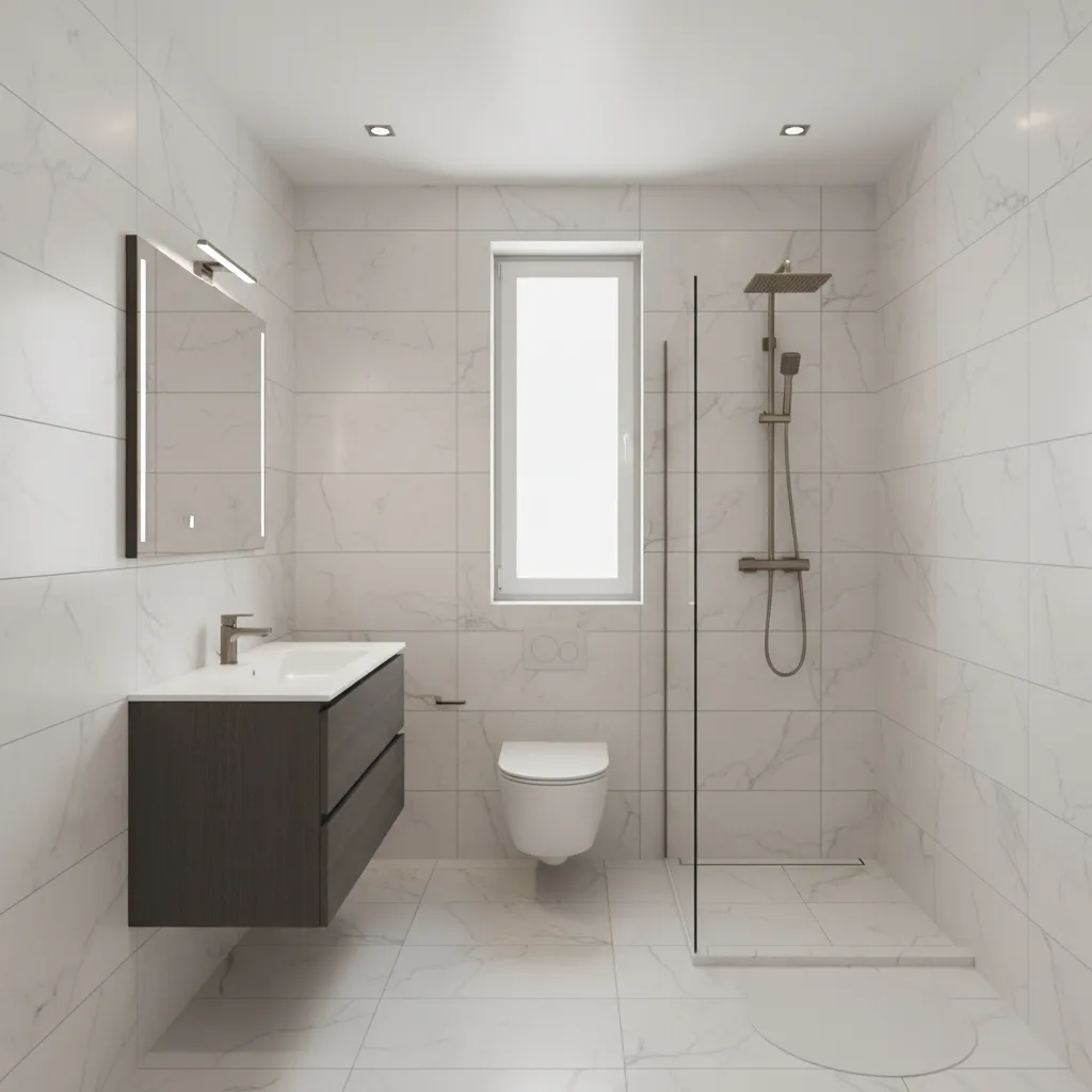 Small bathroom layout with floating vanity and glass shower