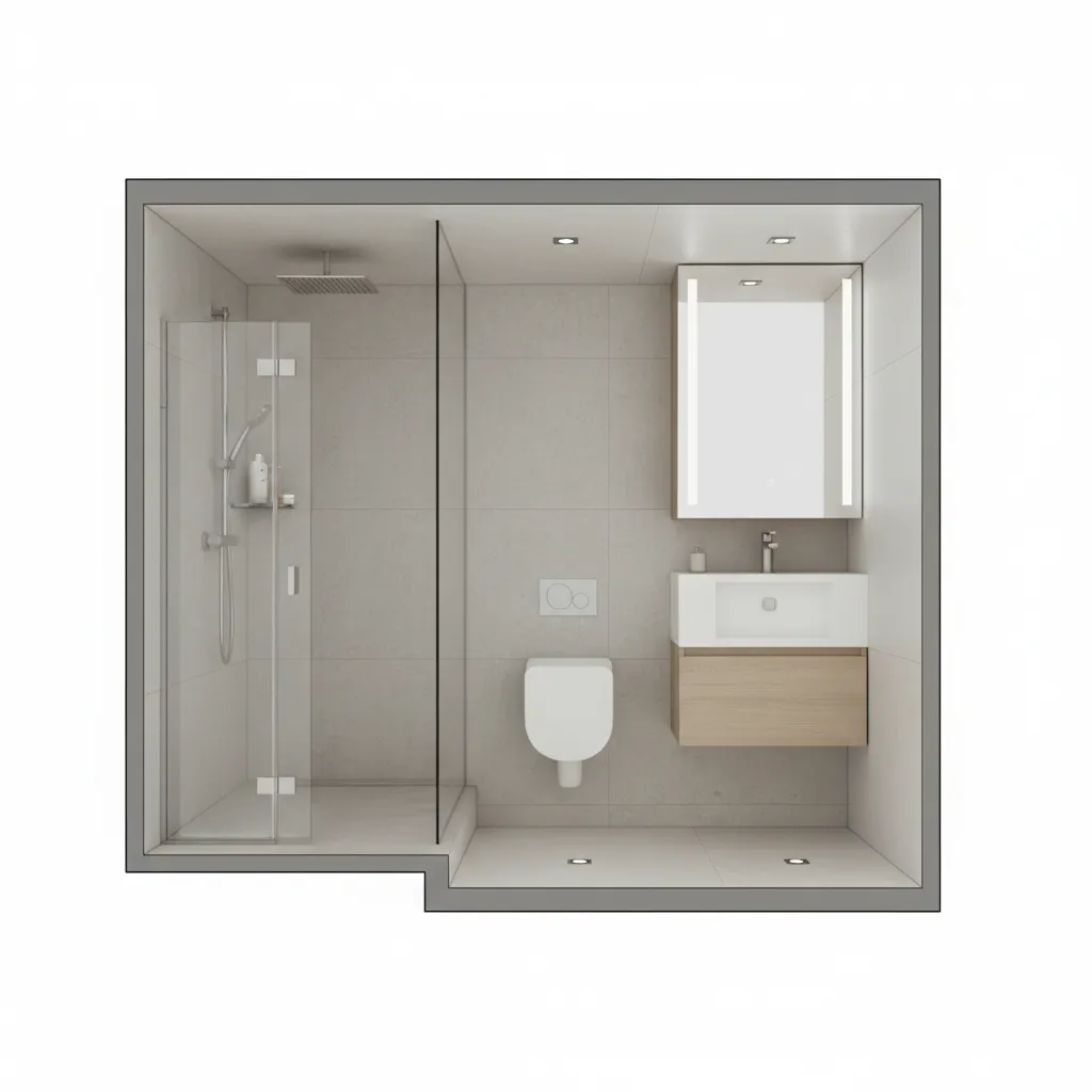 small bathroom layout zones showing sink toilet and shower placement