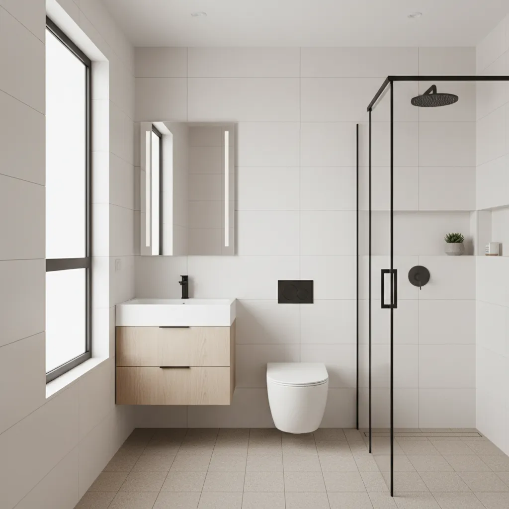 baño pequeño con azulejos claros y diseño minimalista