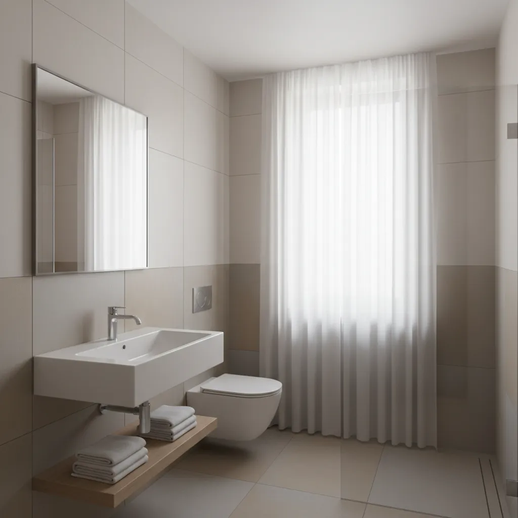 small bright bathroom with sheer shower curtain allowing natural light