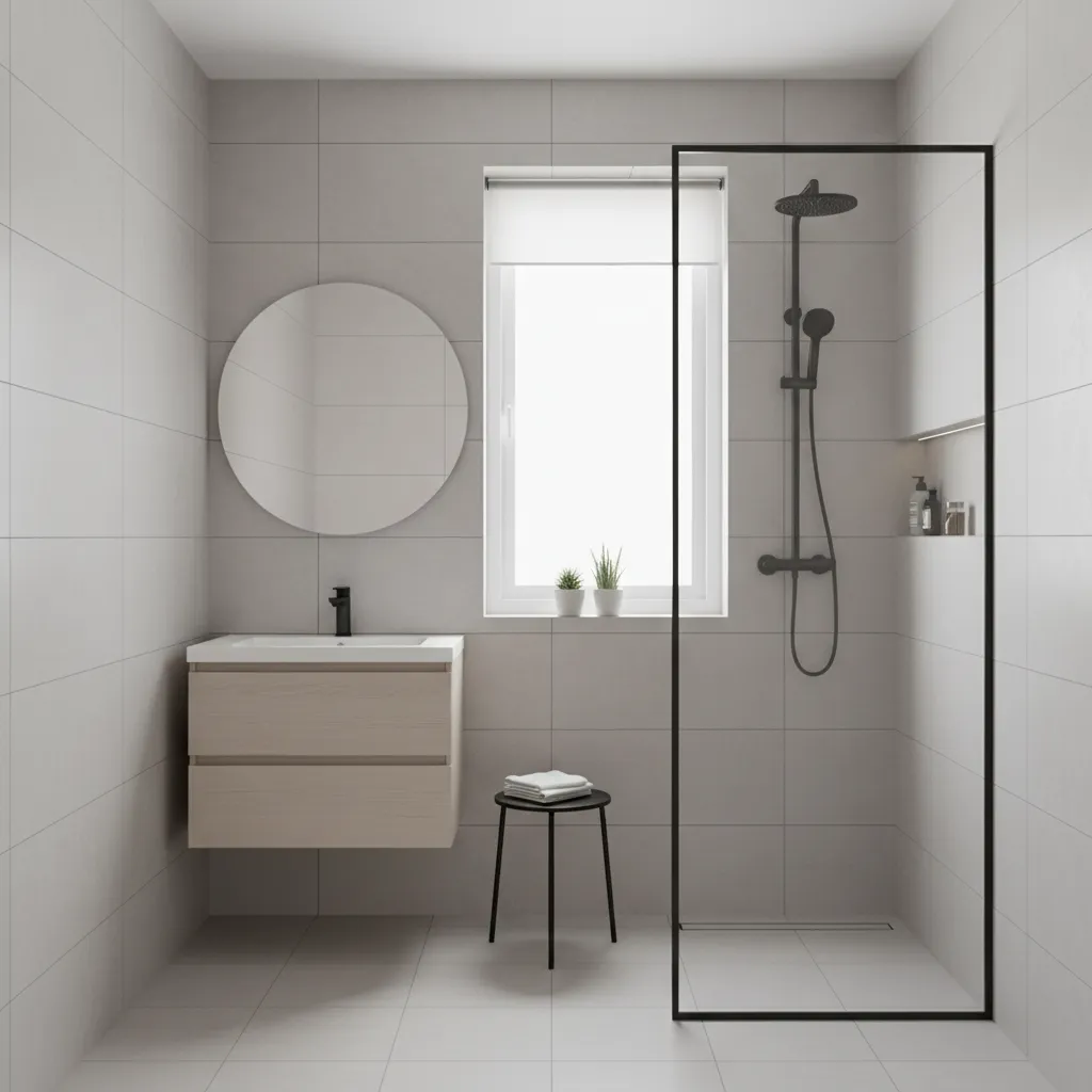small bathroom using light grey tiles to make space look larger