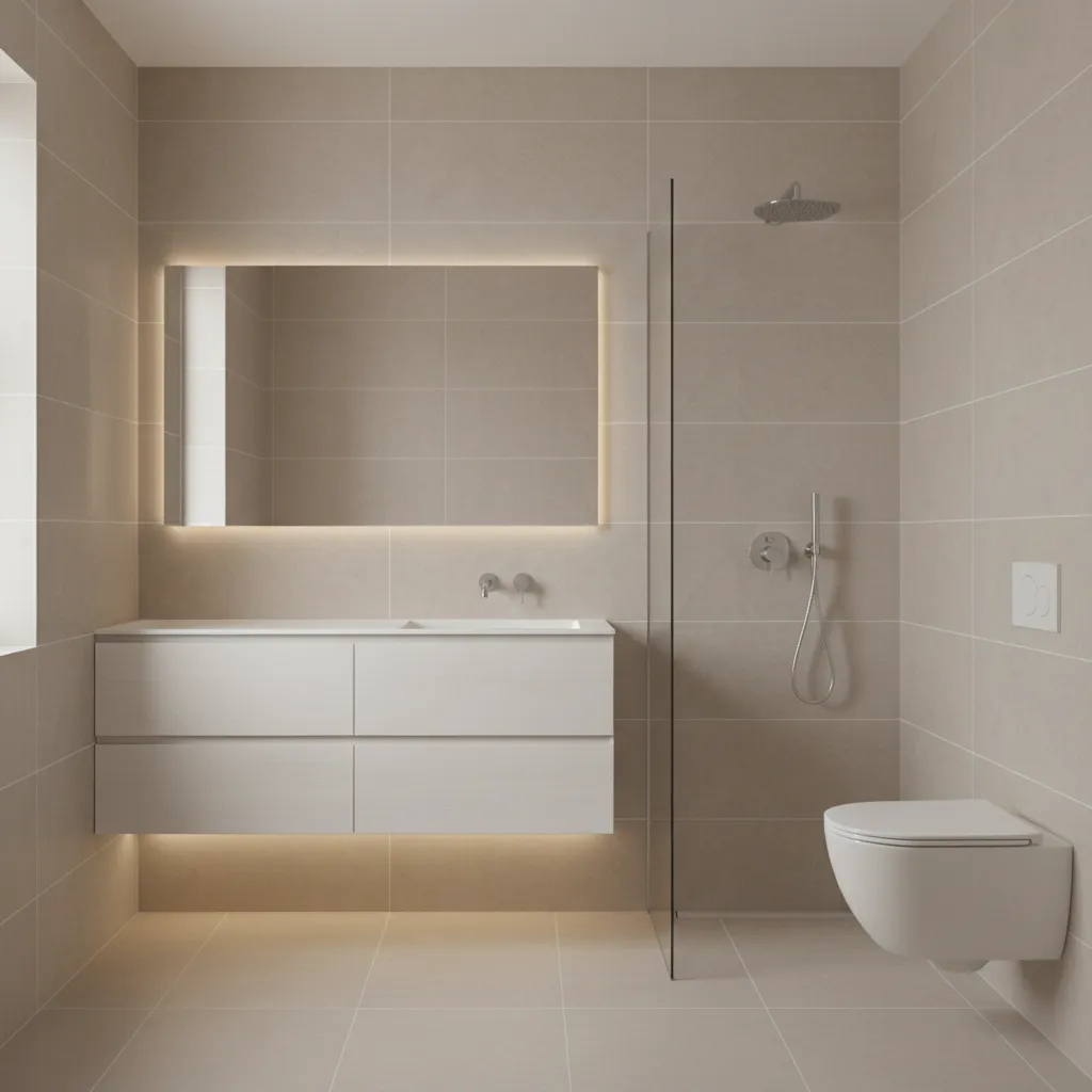 Small bathroom using light tiles to make space appear larger